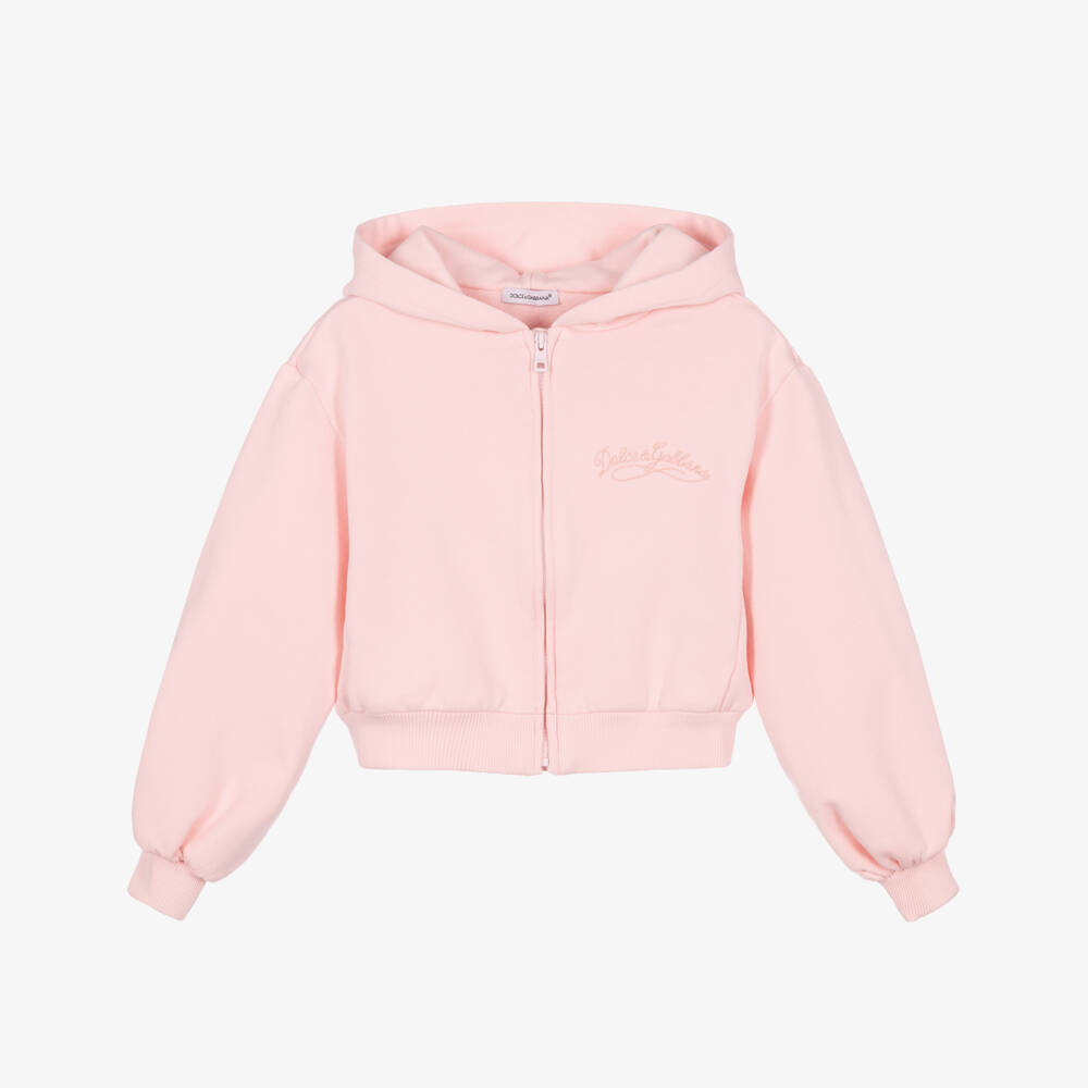 Dolce & Gabbana-Girls Pink Cotton Zip-Up Hoodie with Logo Embroidery | Childrensalon