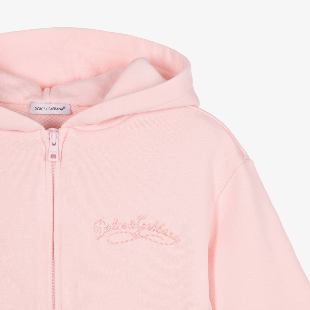 Dolce & Gabbana-Girls Pink Cotton Zip-Up Hoodie with Logo Embroidery | Childrensalon