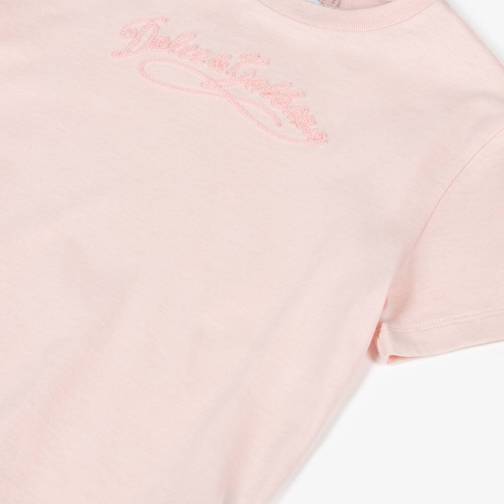 Dolce & Gabbana-Футболка розовая из хлопка с вышитым логотипом для девочек | Childrensalon