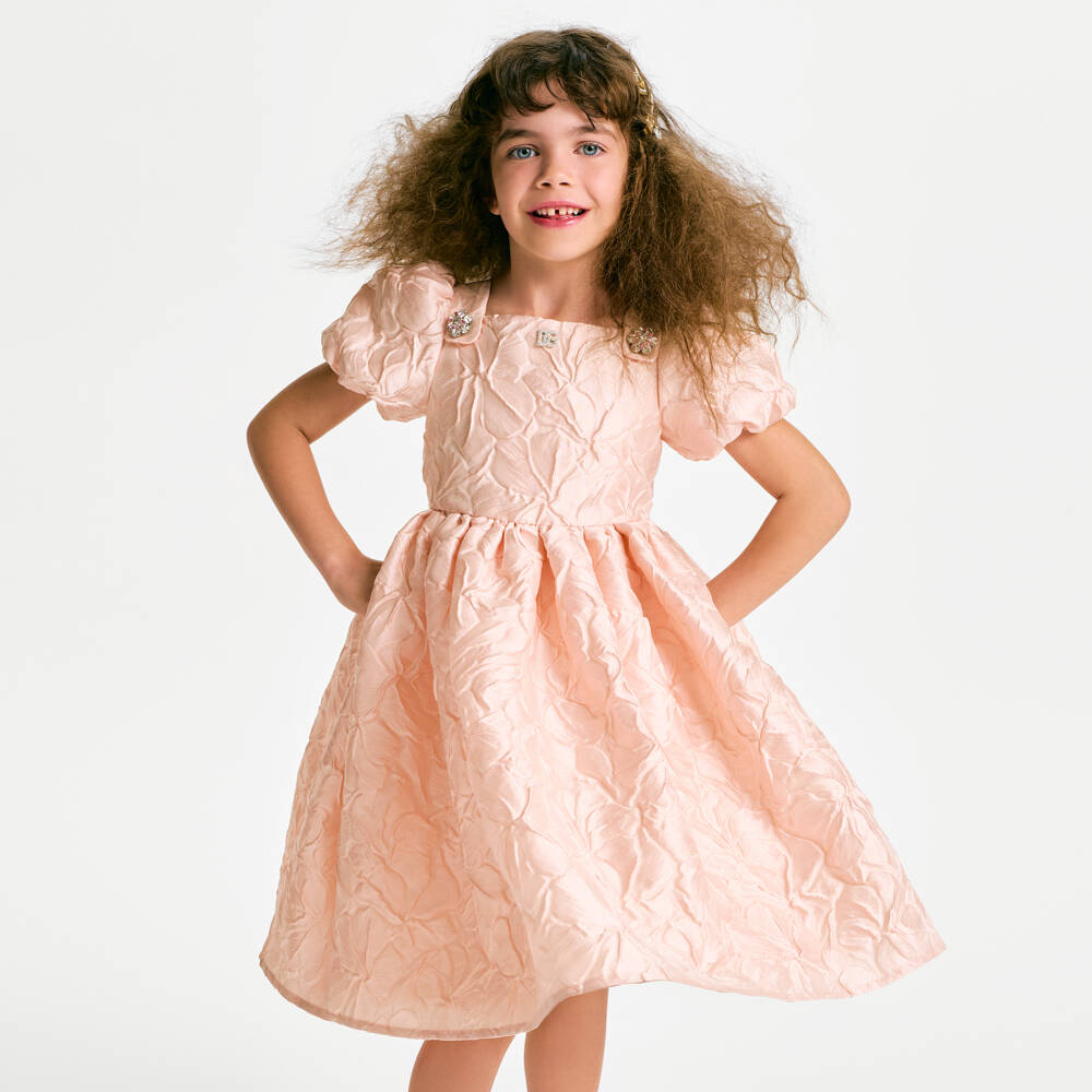 Dolce & Gabbana-Girls Pink Floral Brocade Dress with Diamanté Logo | Childrensalon