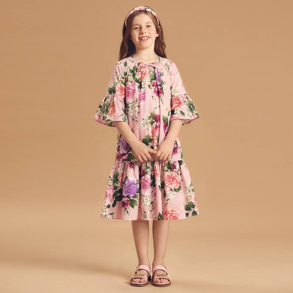 Dolce & Gabbana-Girls Pink Floral Cotton Poplin Dress | Childrensalon