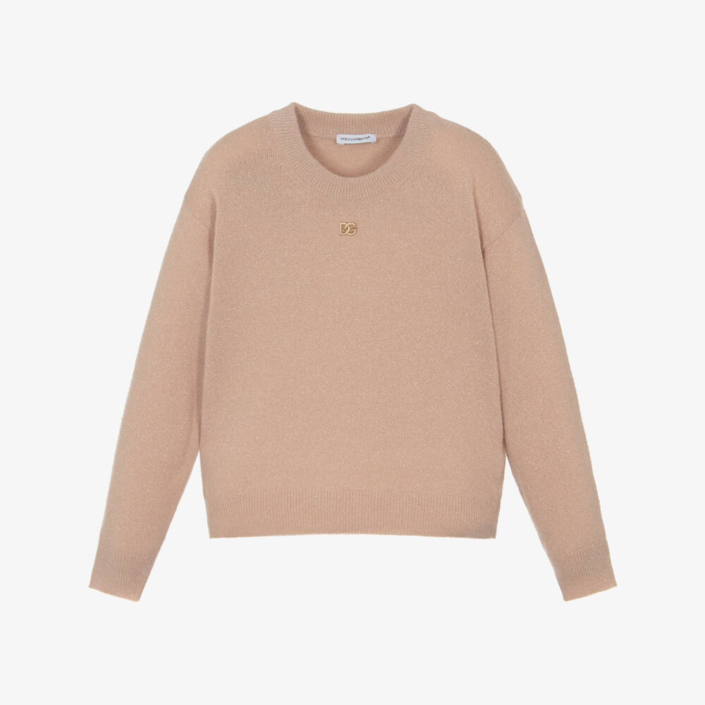 Dolce & Gabbana-Girls Pink & Glittery Gold Knitted Sweater with DG Logo | Childrensalon