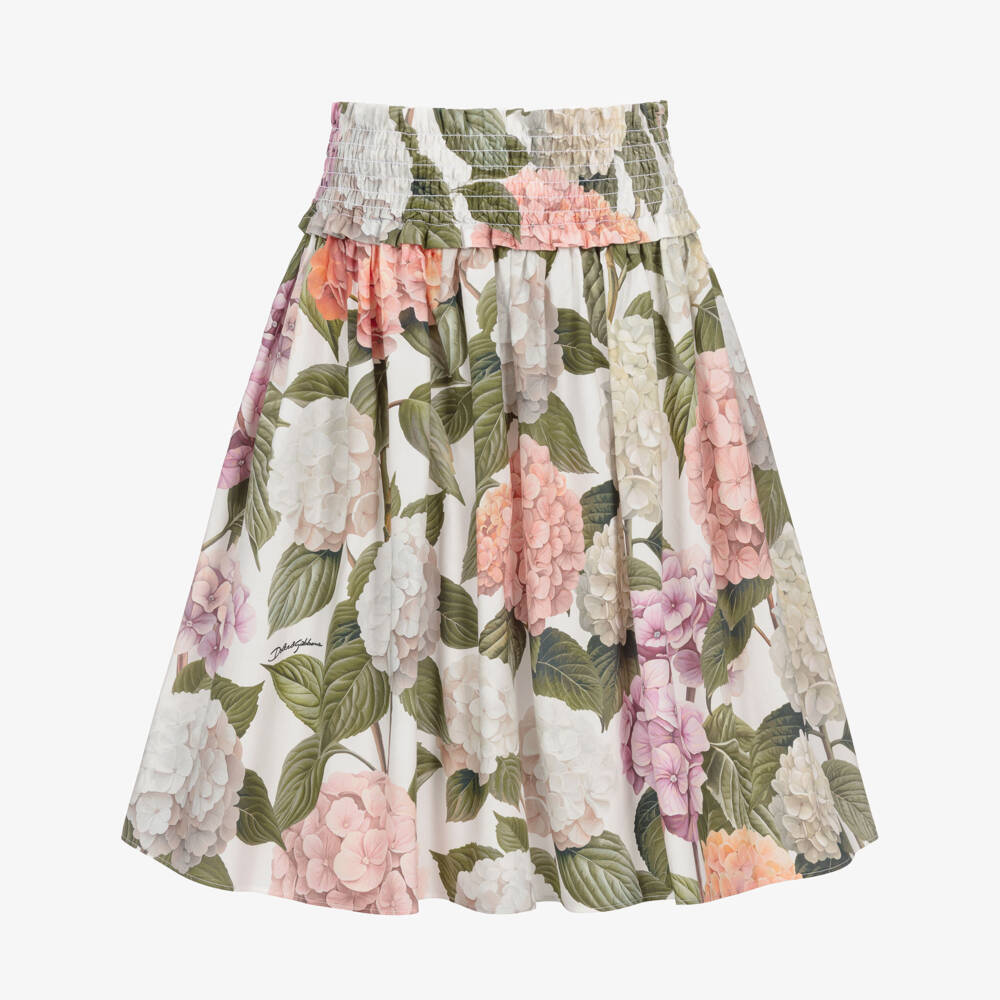 Dolce & Gabbana-Girls Pink & Green Hydrangea Print Poplin Skirt | Childrensalon