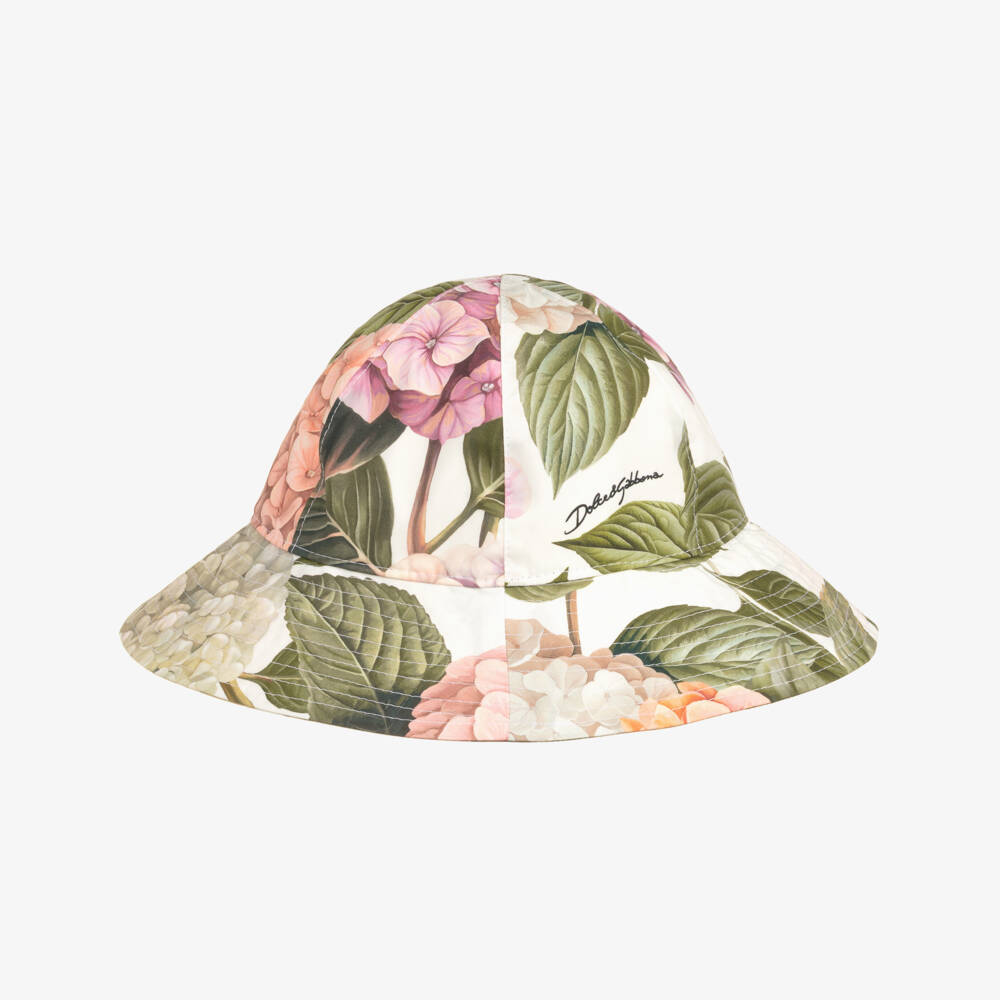 Dolce & Gabbana-Girls Pink & Green Hydrangea Print Poplin Sun Hat | Childrensalon