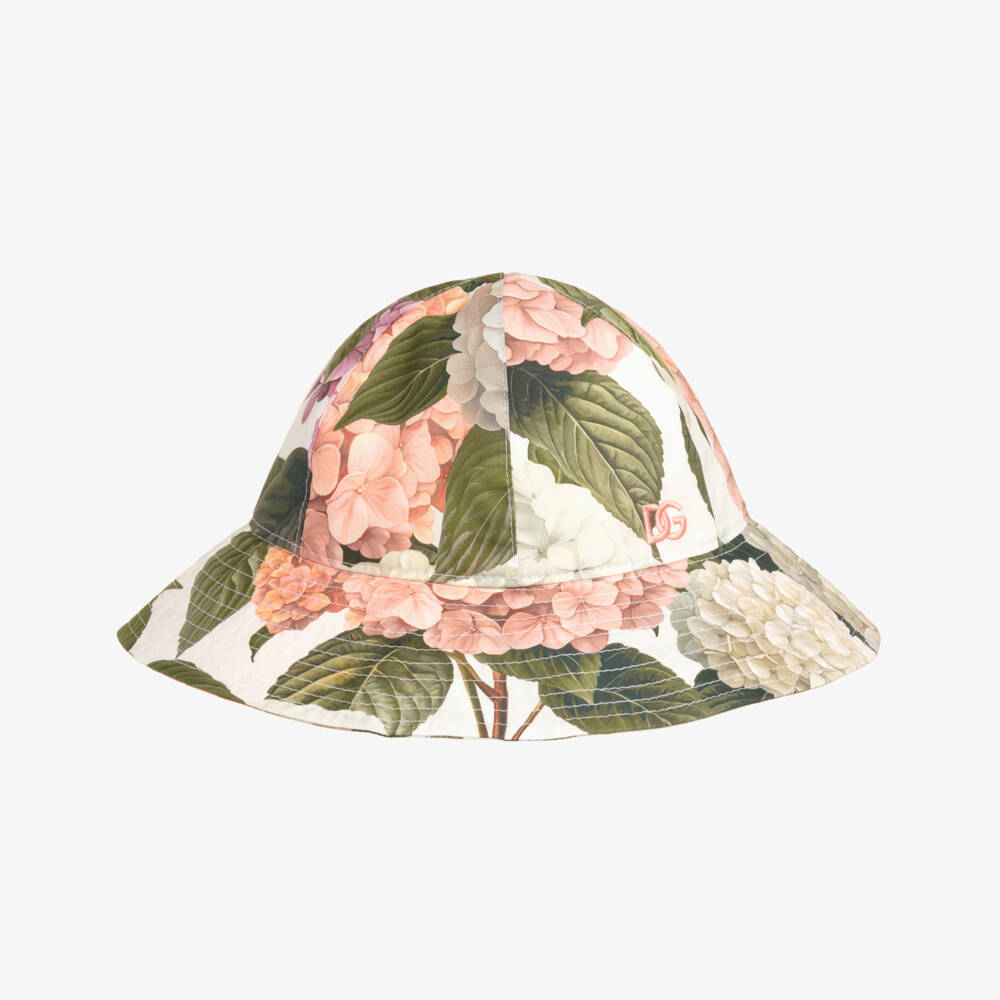 Dolce & Gabbana-Girls Pink & Green Hydrangea Print Poplin Sun Hat | Childrensalon