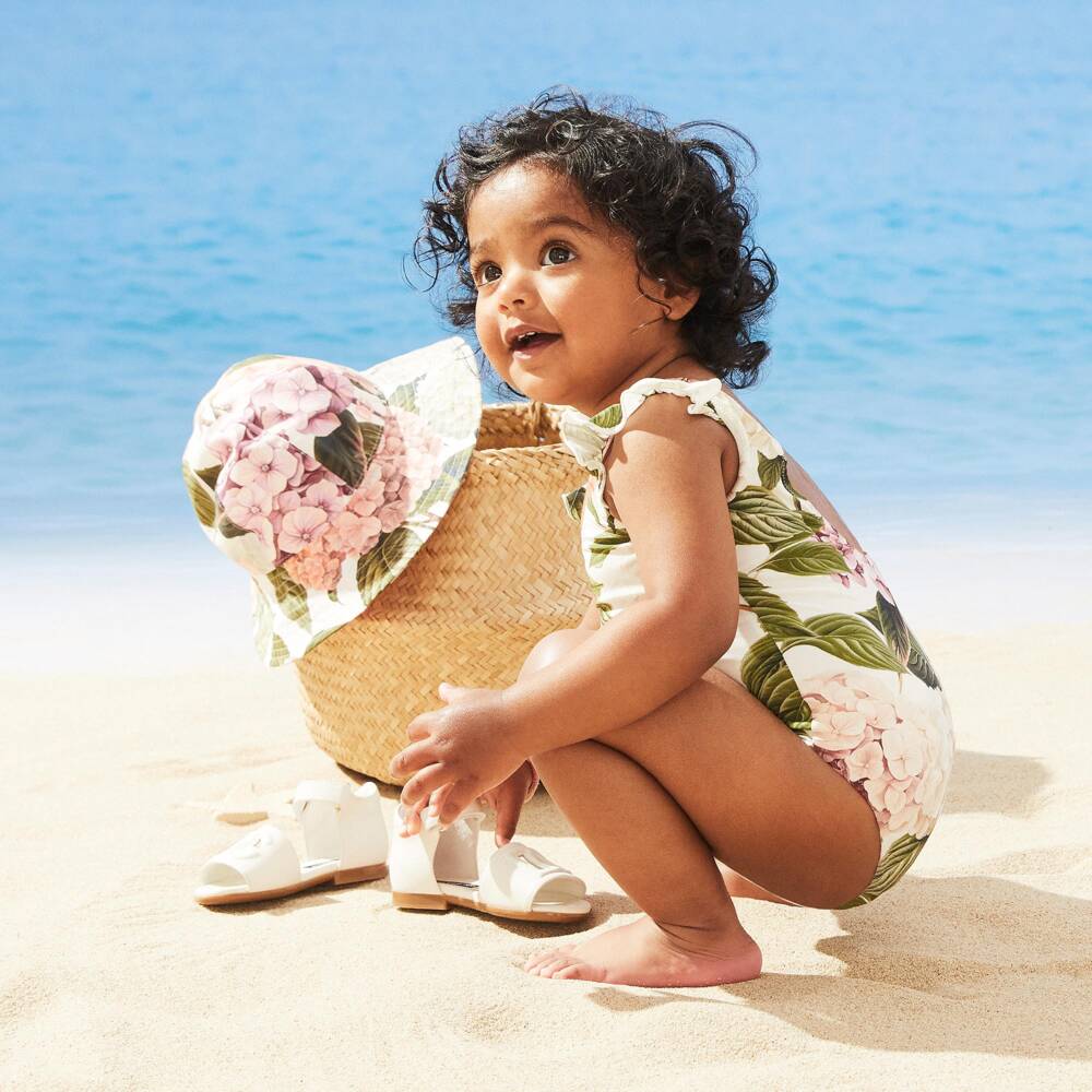 Dolce & Gabbana-Girls Pink & Green Hydrangea Print Poplin Sun Hat | Childrensalon