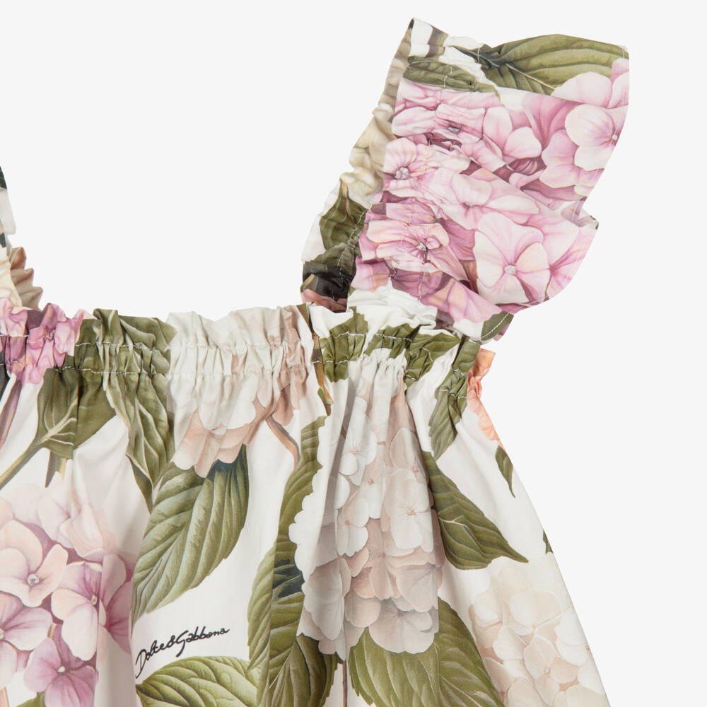 Dolce & Gabbana-Girls Pink & Green Hydrangea Print Poplin Top | Childrensalon