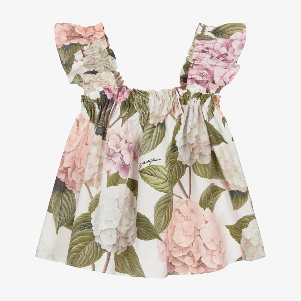 Dolce & Gabbana-Girls Pink & Green Hydrangea Print Poplin Top | Childrensalon