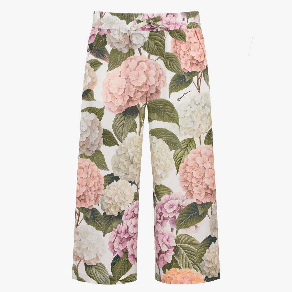 Dolce & Gabbana-Girls Pink & Green Hydrangea Print Poplin Trousers | Childrensalon