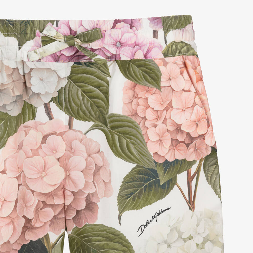 Dolce & Gabbana-Girls Pink & Green Hydrangea Print Poplin Trousers | Childrensalon