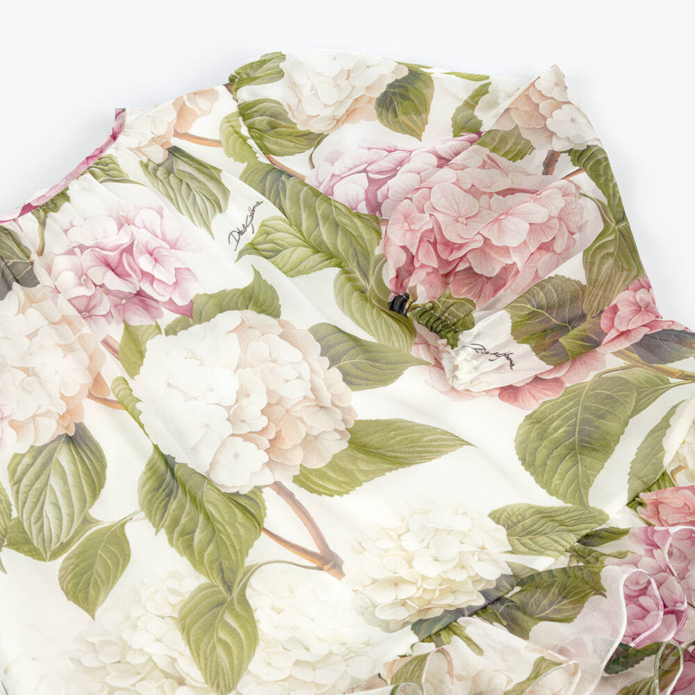 Dolce & Gabbana-Girls Pink & Green Hydrangea Print Silk Chiffon Dress | Childrensalon
