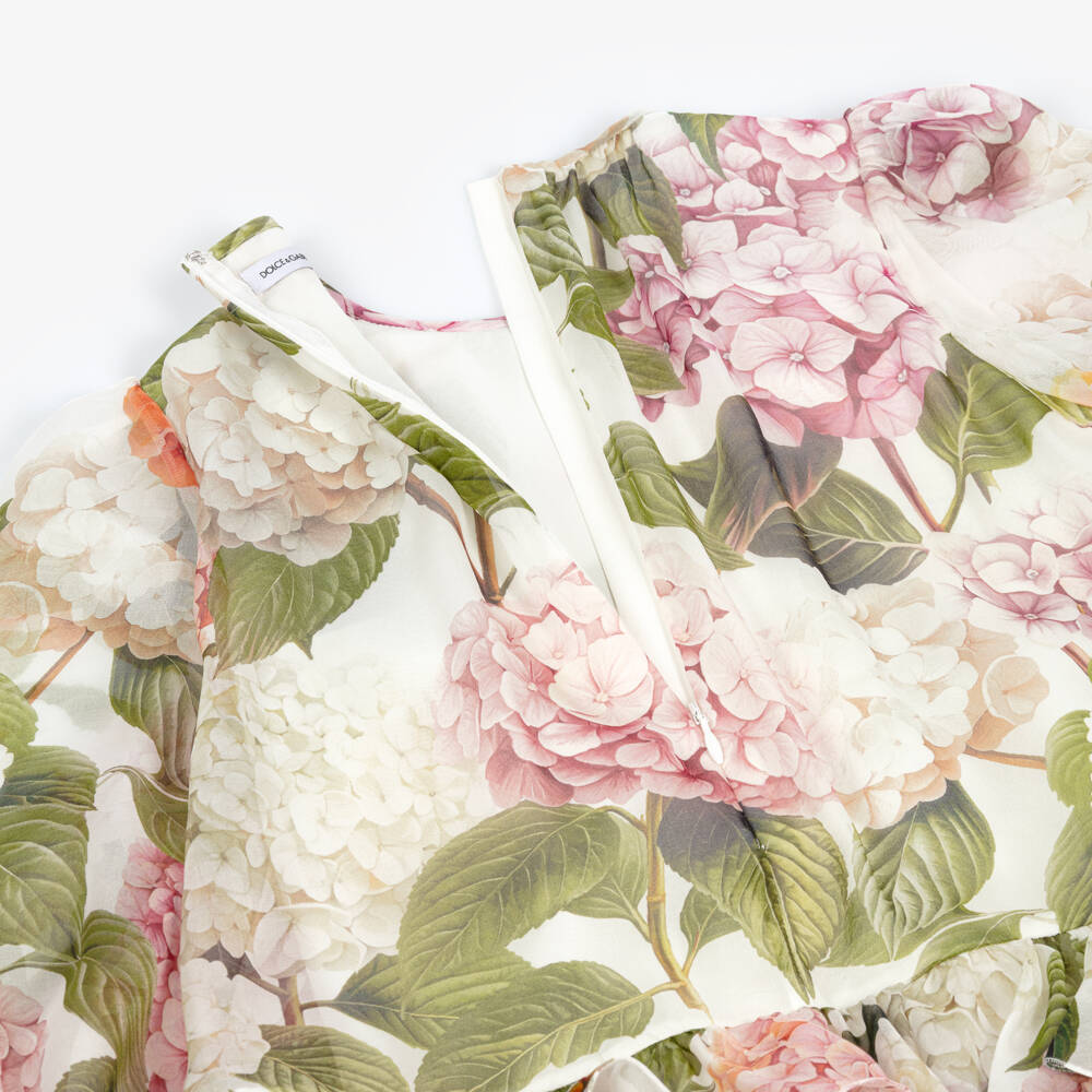 Dolce & Gabbana-Girls Pink & Green Hydrangea Print Silk Chiffon Dress | Childrensalon