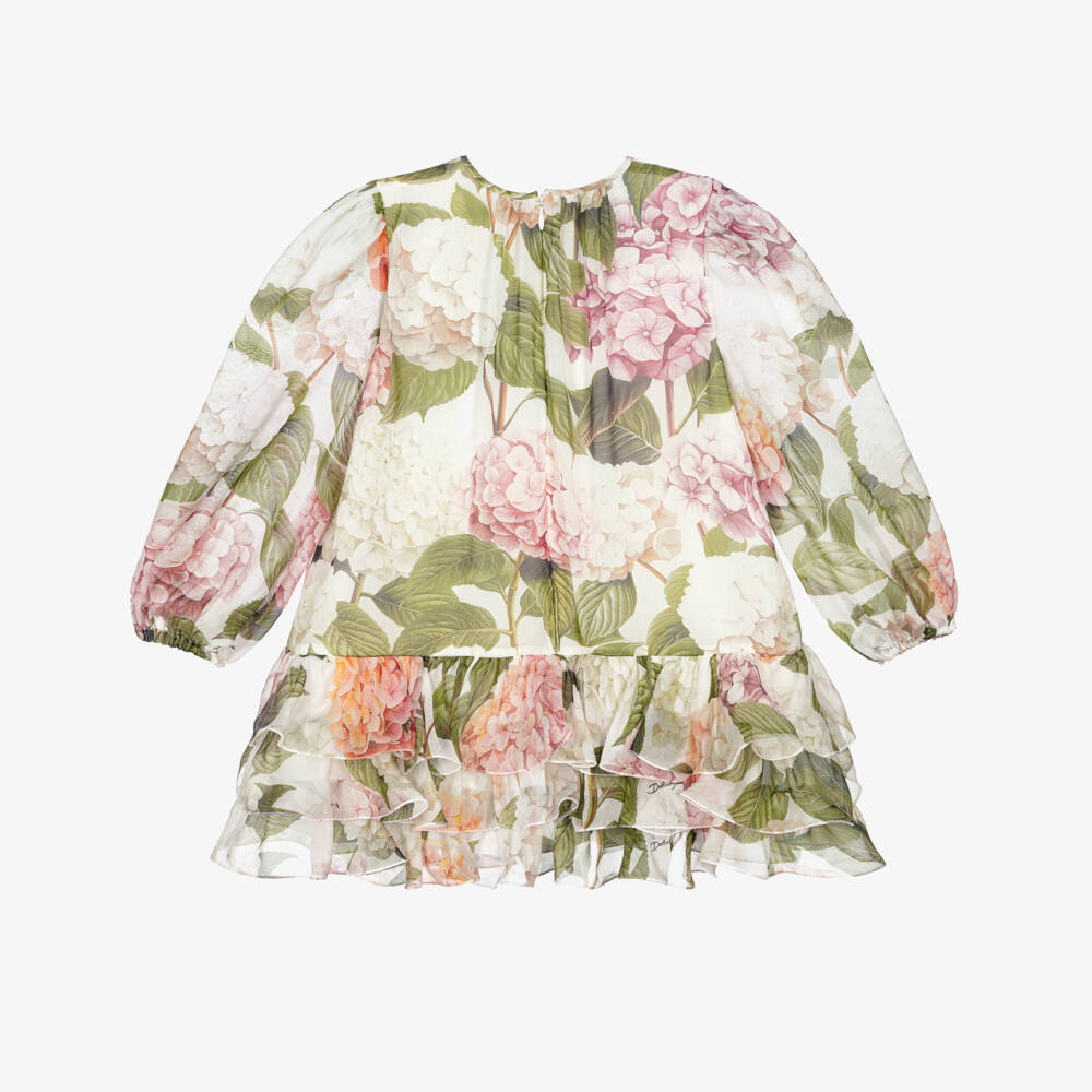 Dolce & Gabbana-Girls Pink & Green Hydrangea Print Silk Chiffon Dress | Childrensalon