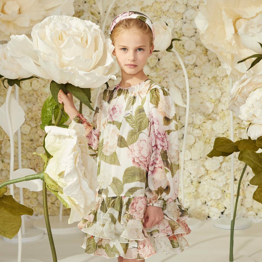 Dolce & Gabbana-Girls Pink & Green Hydrangea Print Silk Chiffon Dress | Childrensalon