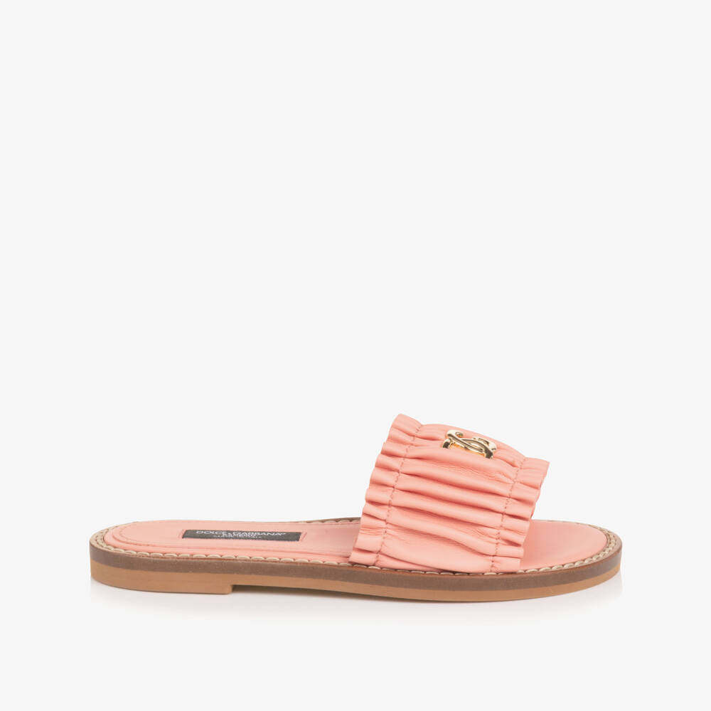 Dolce & Gabbana-Girls Pink Leather Ruffle Sliders with DG Logo | Childrensalon