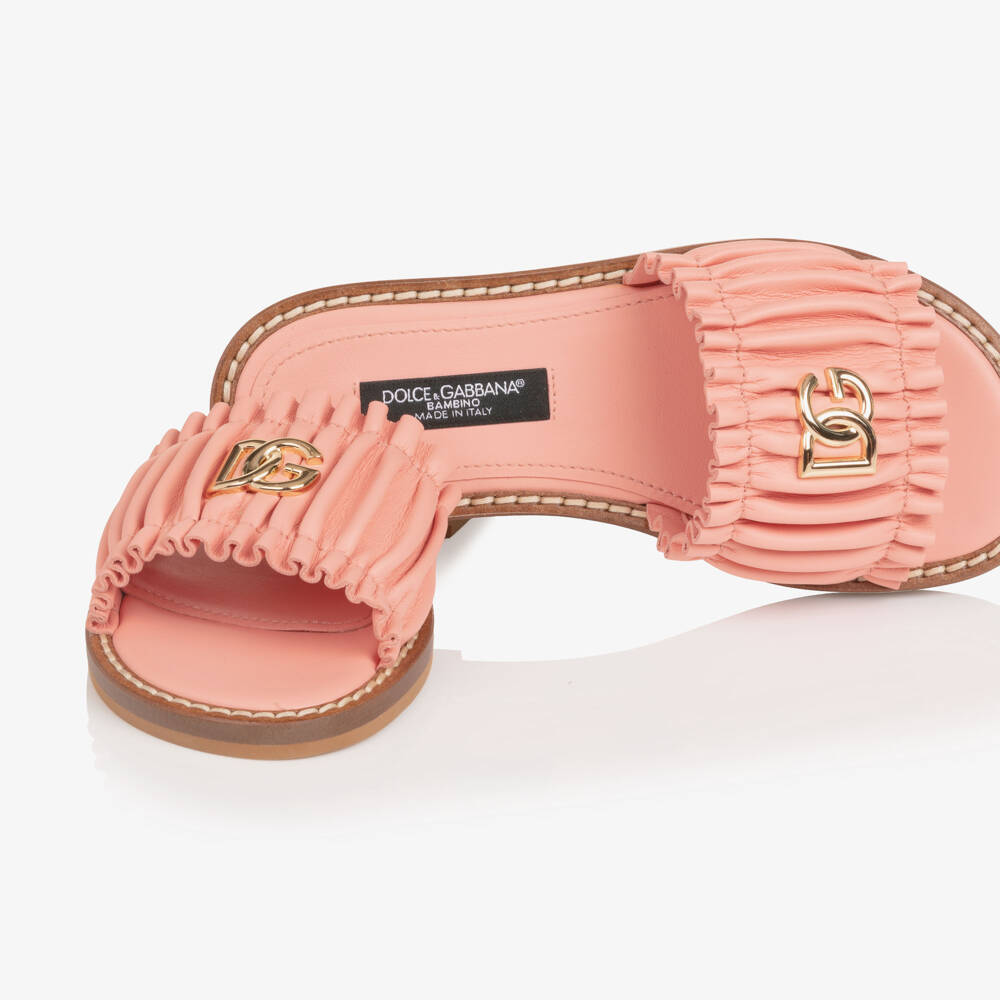 Dolce & Gabbana-Girls Pink Leather Ruffle Sliders with DG Logo | Childrensalon