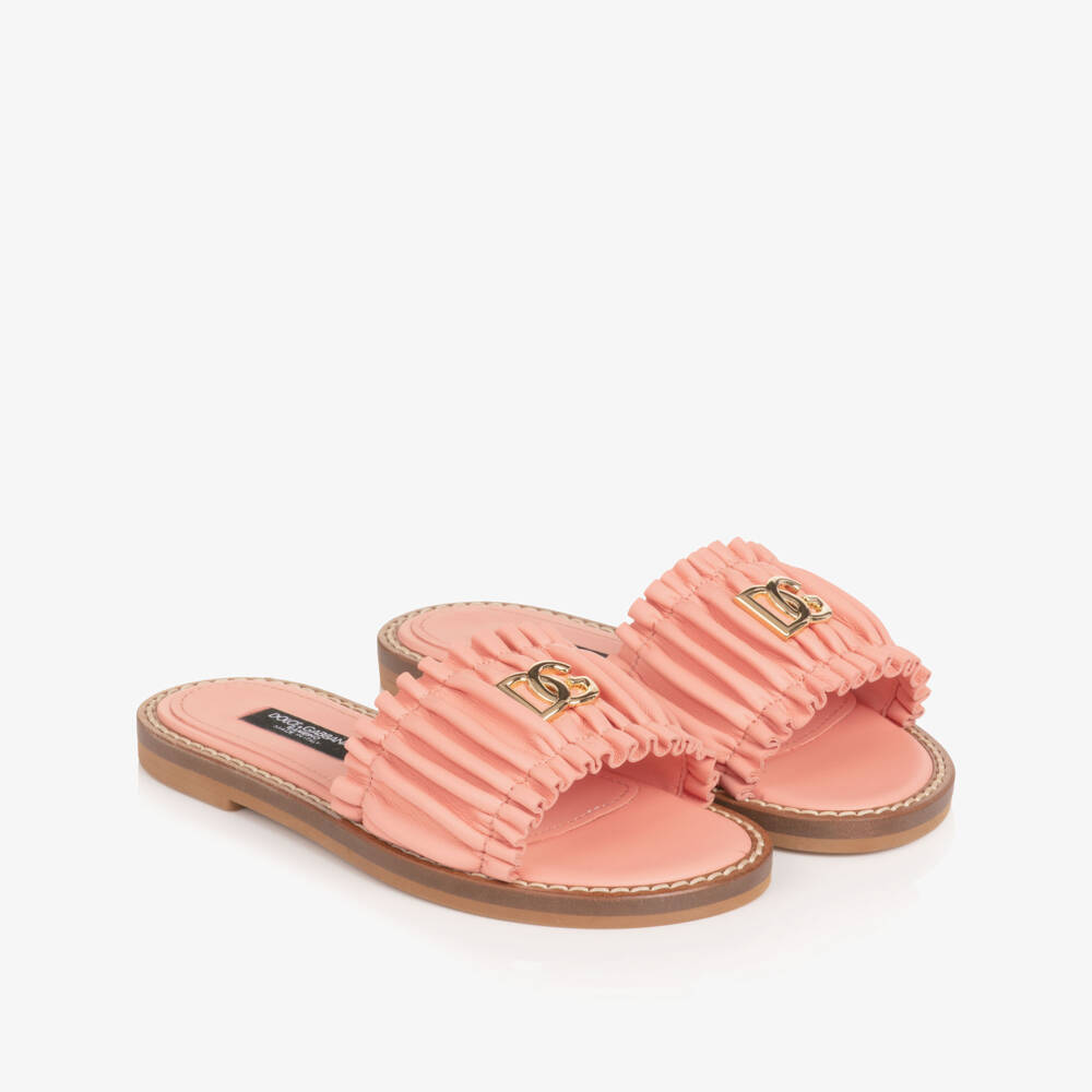 Dolce & Gabbana-Girls Pink Leather Ruffle Sliders with DG Logo | Childrensalon