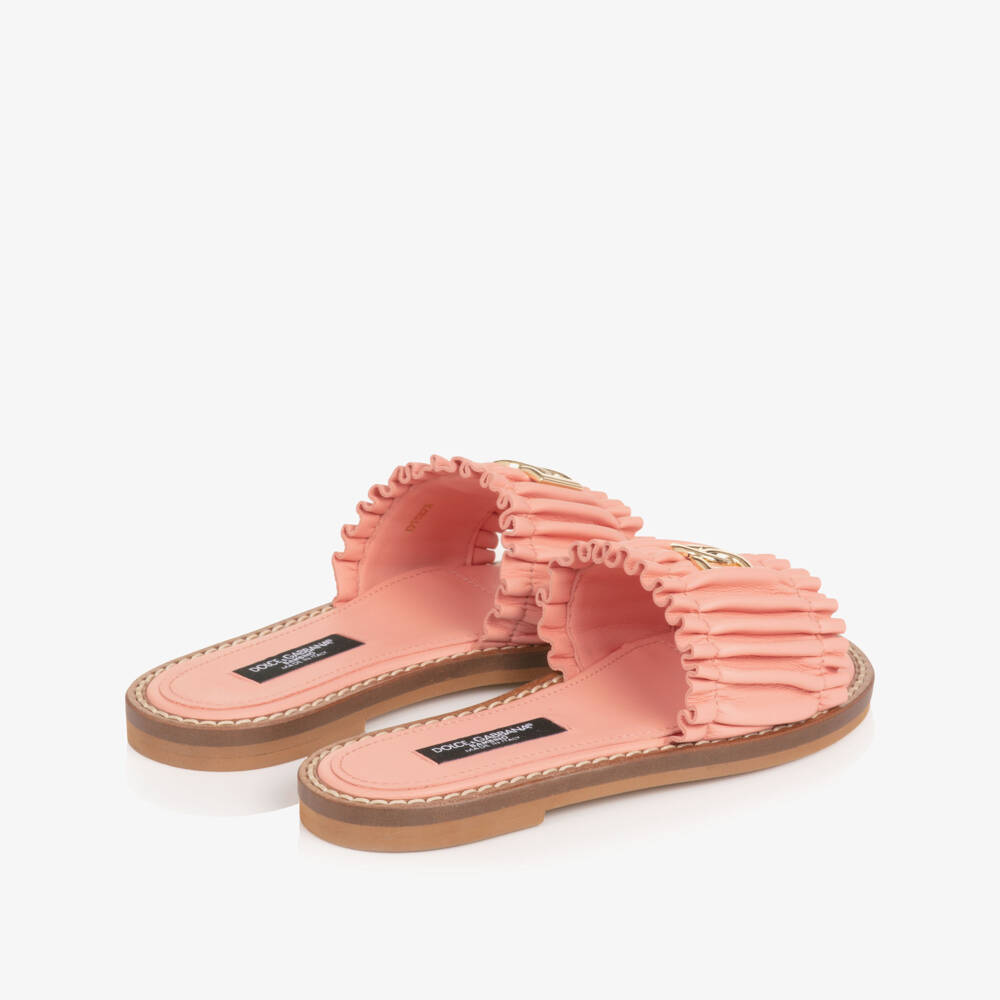 Dolce & Gabbana-Girls Pink Leather Ruffle Sliders with DG Logo | Childrensalon