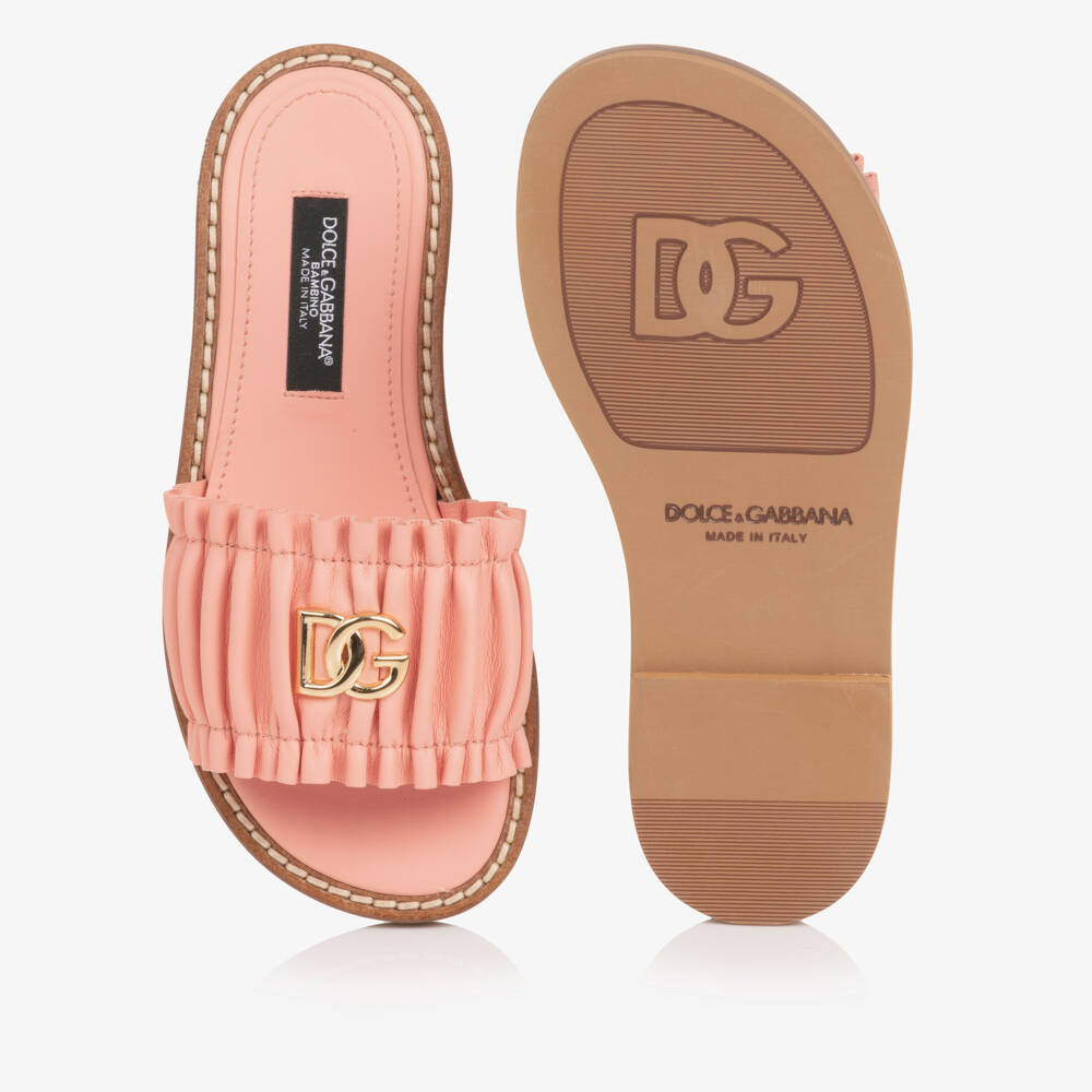 Dolce & Gabbana-Girls Pink Leather Ruffle Sliders with DG Logo | Childrensalon