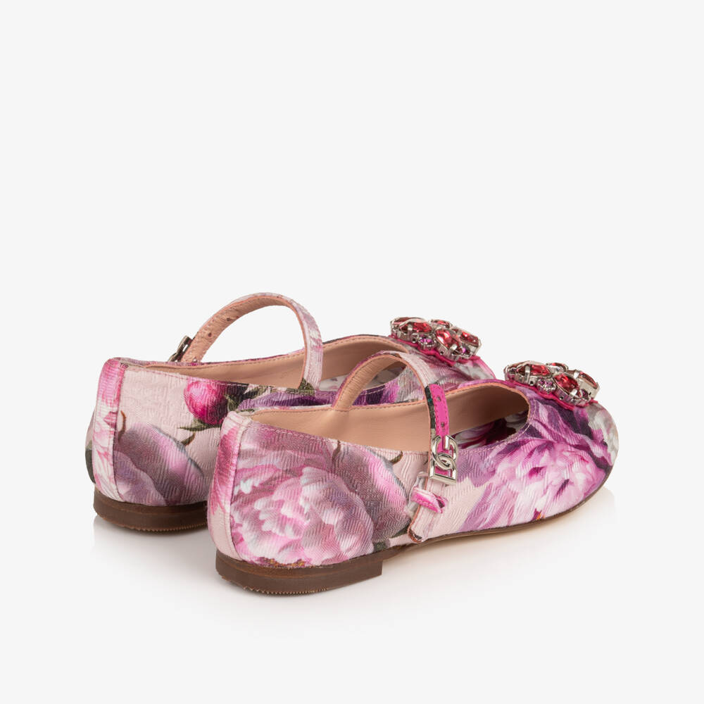 Dolce & Gabbana-Girls Pink Peony Print Ballerina Pumps | Childrensalon