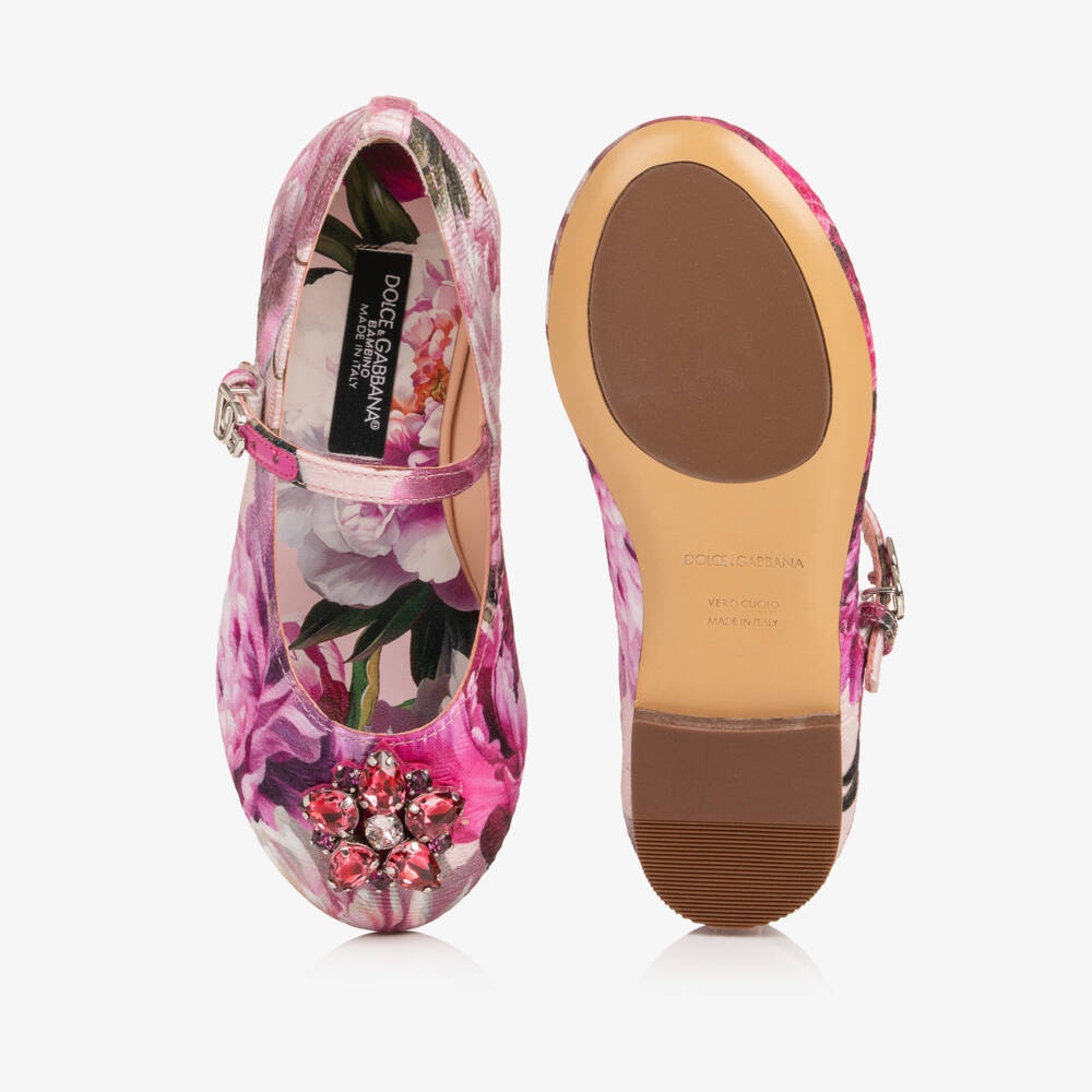 Dolce & Gabbana-Girls Pink Peony Print Ballerina Pumps | Childrensalon