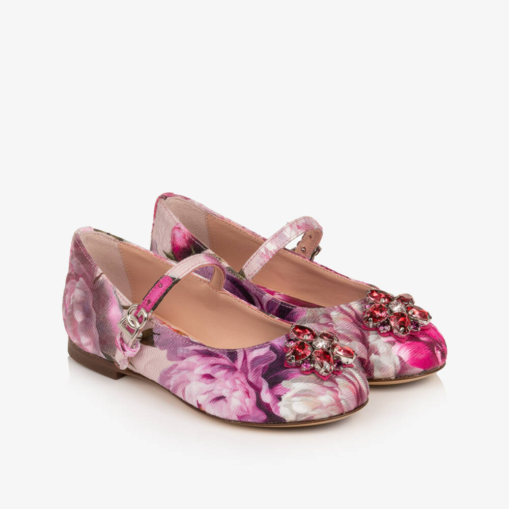 Dolce & Gabbana-Girls Pink Peony Print Ballerina Pumps | Childrensalon