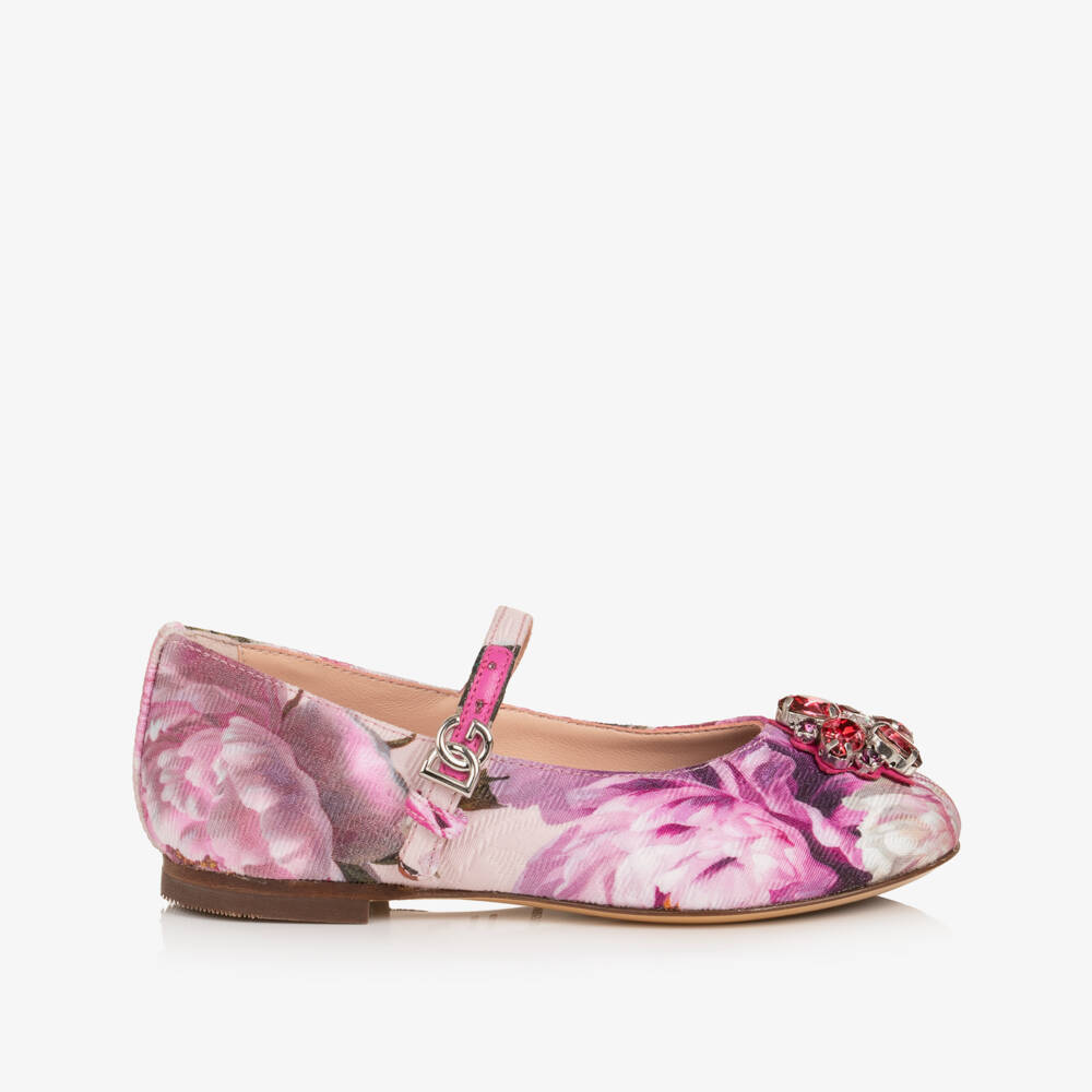 Dolce & Gabbana-Girls Pink Peony Print Ballerina Pumps | Childrensalon