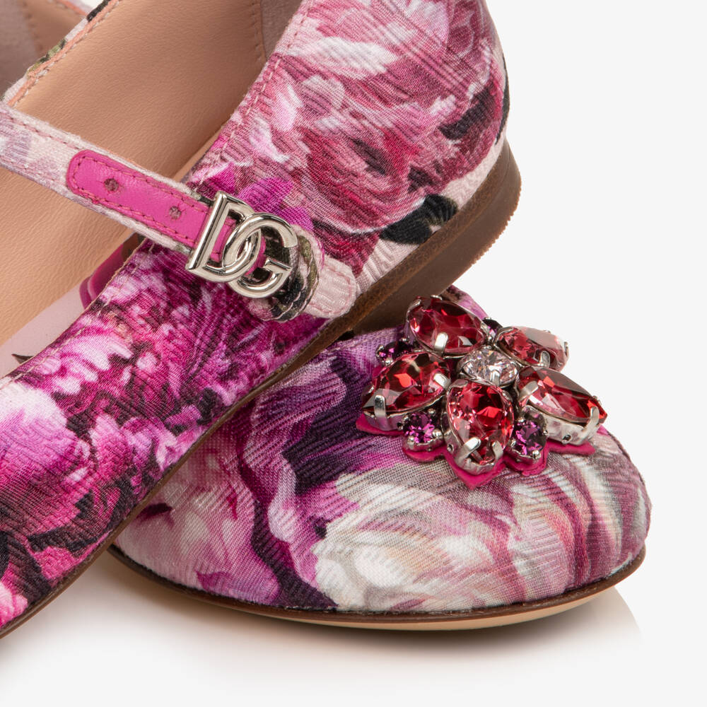 Dolce & Gabbana-Girls Pink Peony Print Ballerina Pumps | Childrensalon