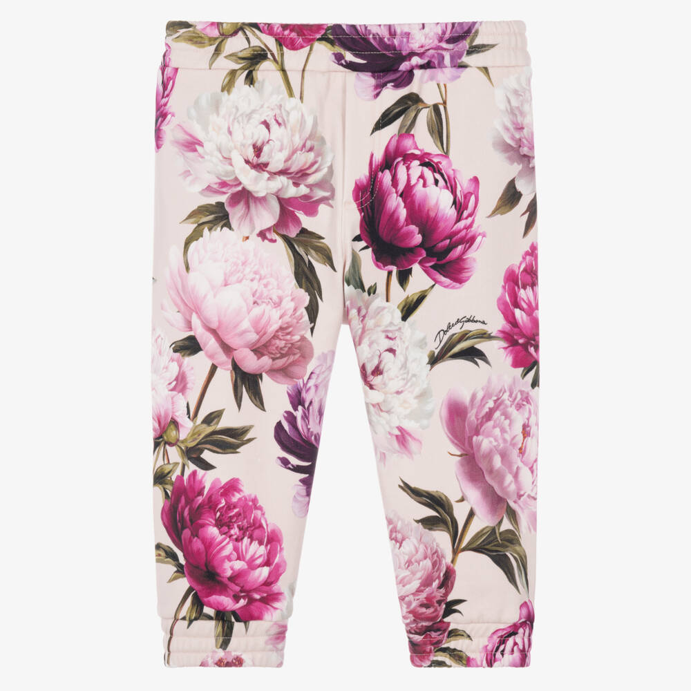 Dolce & Gabbana-Girls Pink Peony Print Cotton Joggers | Childrensalon