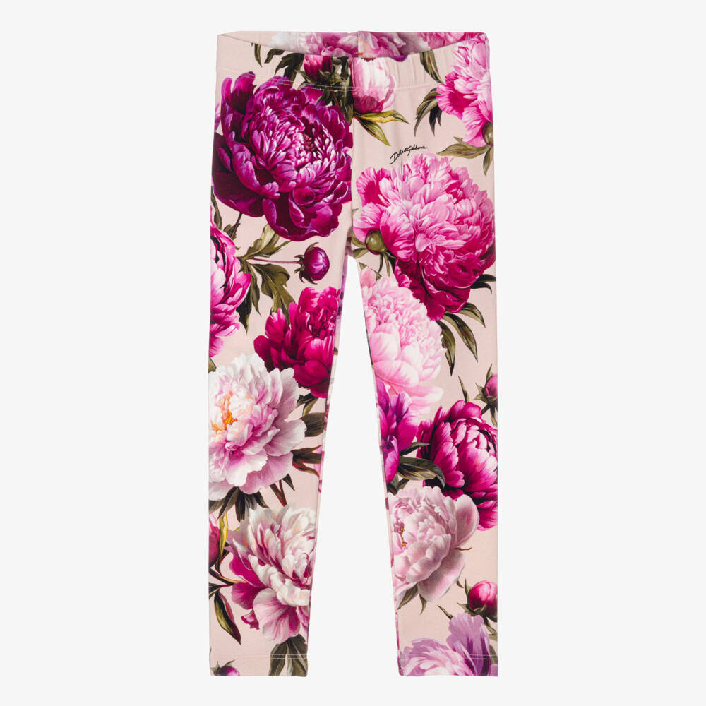 Dolce & Gabbana-Girls Pink Peony Print Cotton Leggings | Childrensalon