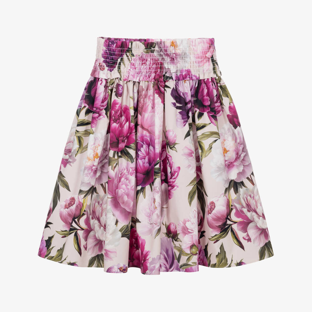 Dolce & Gabbana-Girls Pink Peony Print Cotton Poplin Skirt | Childrensalon