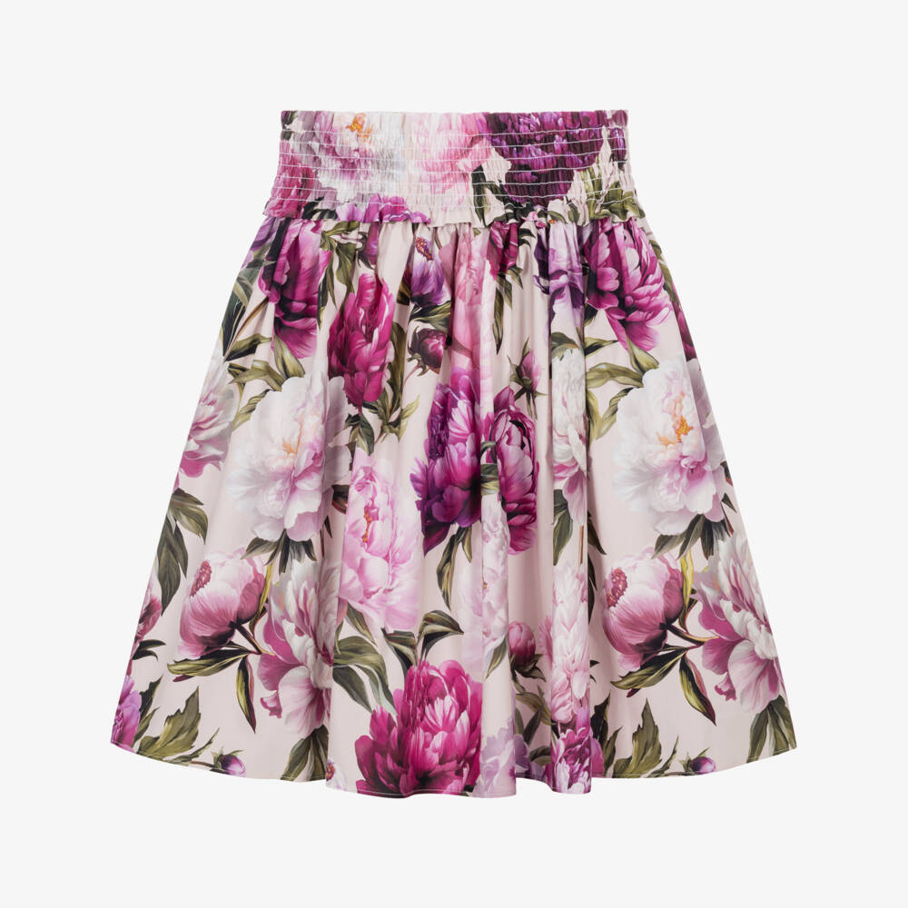 Dolce & Gabbana-Girls Pink Peony Print Cotton Poplin Skirt | Childrensalon