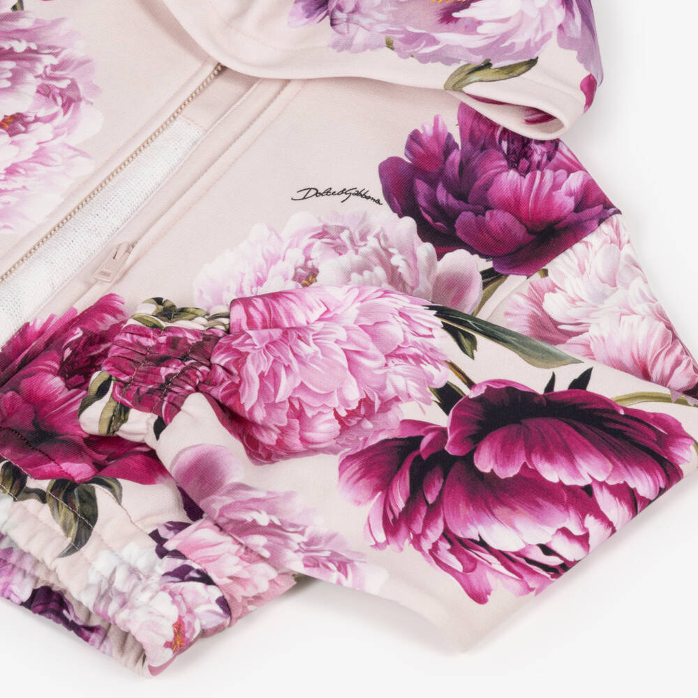 Dolce & Gabbana-Girls Pink Peony Print Cotton Zip-Up Hoodie | Childrensalon