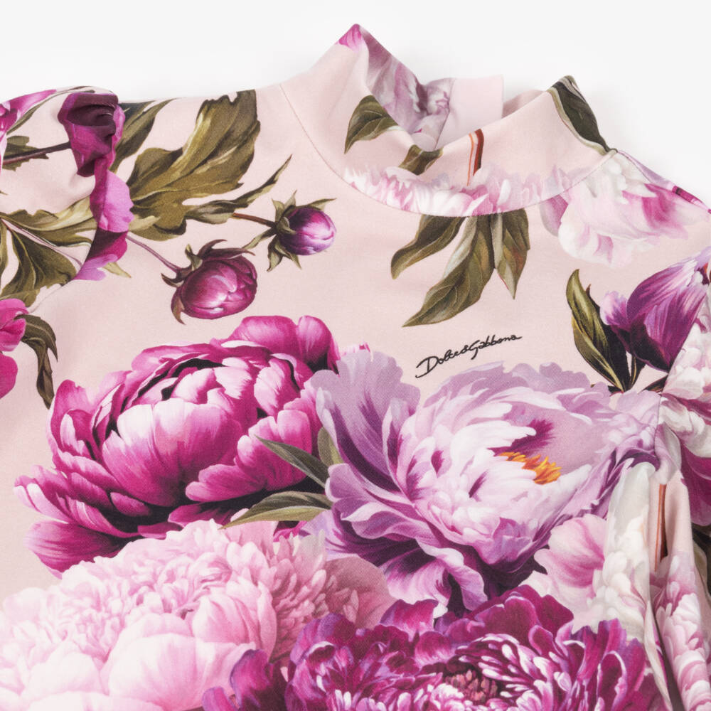Dolce & Gabbana-Girls Pink Peony Print Mock-Neck Dress | Childrensalon