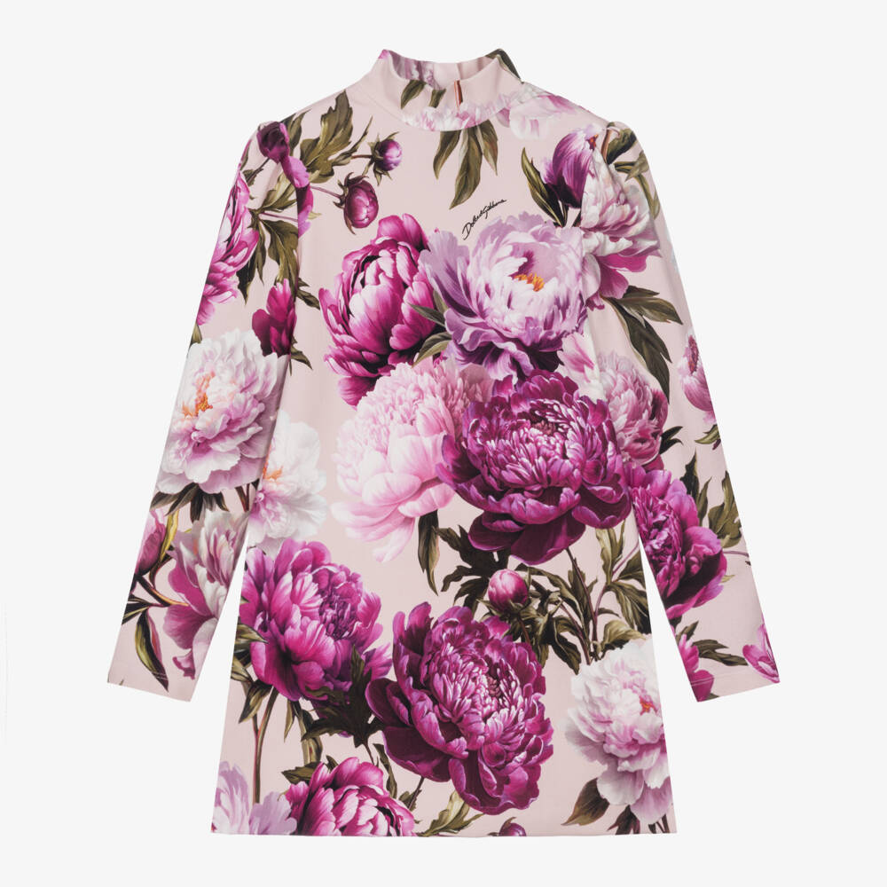 Dolce & Gabbana-Girls Pink Peony Print Mock-Neck Dress | Childrensalon