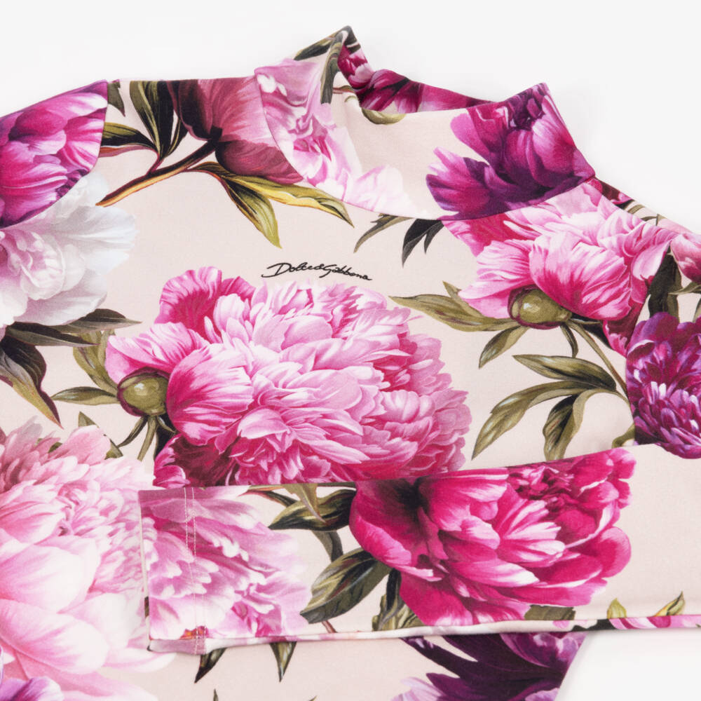 Dolce & Gabbana-Girls Pink Peony Print Mock-Neck Top | Childrensalon
