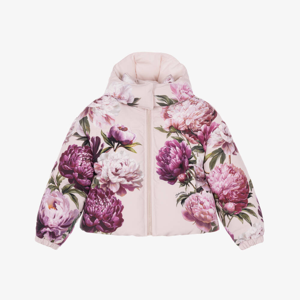 Dolce & Gabbana-Girls Pink Peony Print Puffer Jacket | Childrensalon