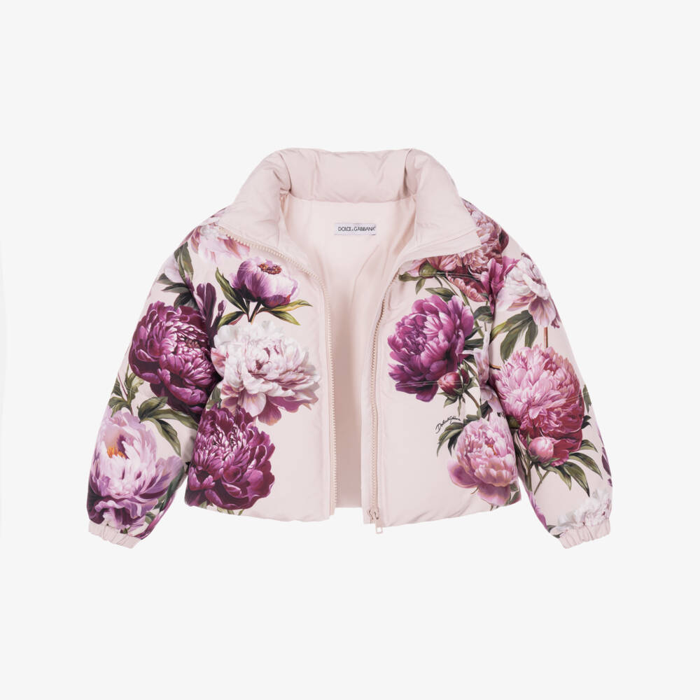 Dolce & Gabbana-Girls Pink Peony Print Puffer Jacket | Childrensalon