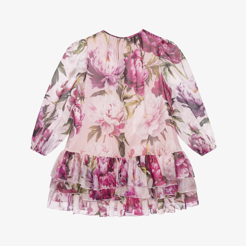 Dolce & Gabbana-Girls Pink Peony Print Silk Chiffon Dress | Childrensalon