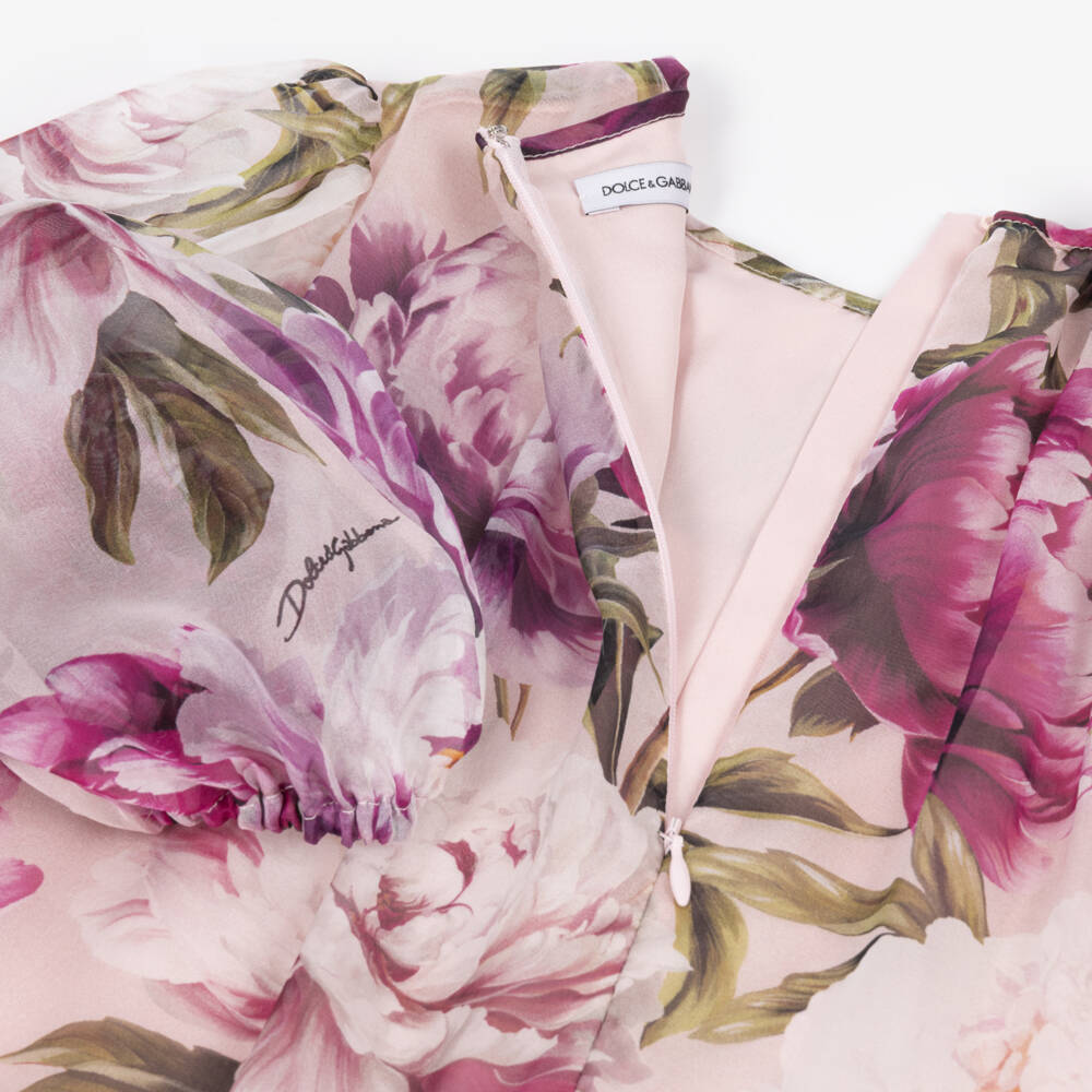 Dolce & Gabbana-Girls Pink Peony Print Silk Chiffon Dress | Childrensalon