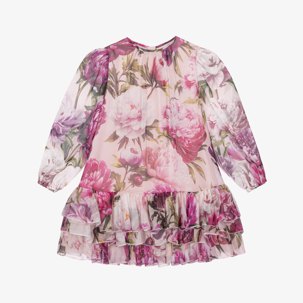 Dolce & Gabbana-Girls Pink Peony Print Silk Chiffon Dress | Childrensalon
