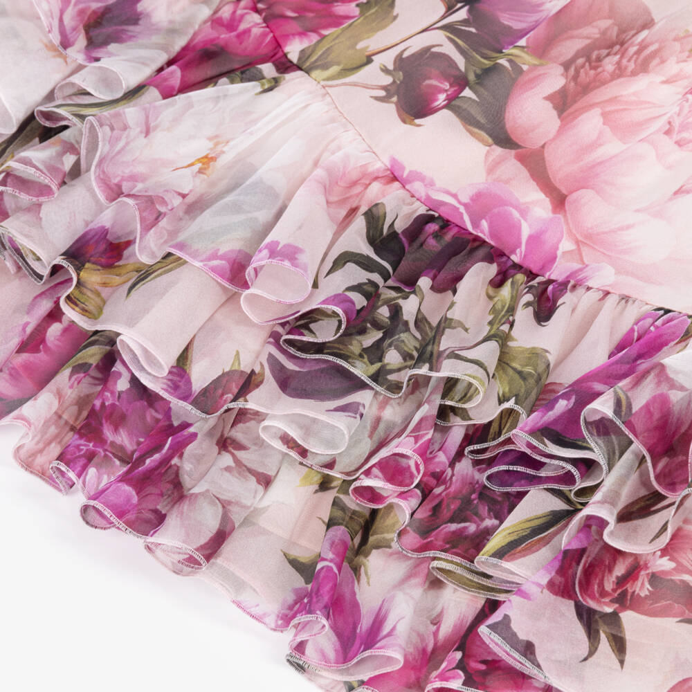 Dolce & Gabbana-Girls Pink Peony Print Silk Chiffon Dress | Childrensalon
