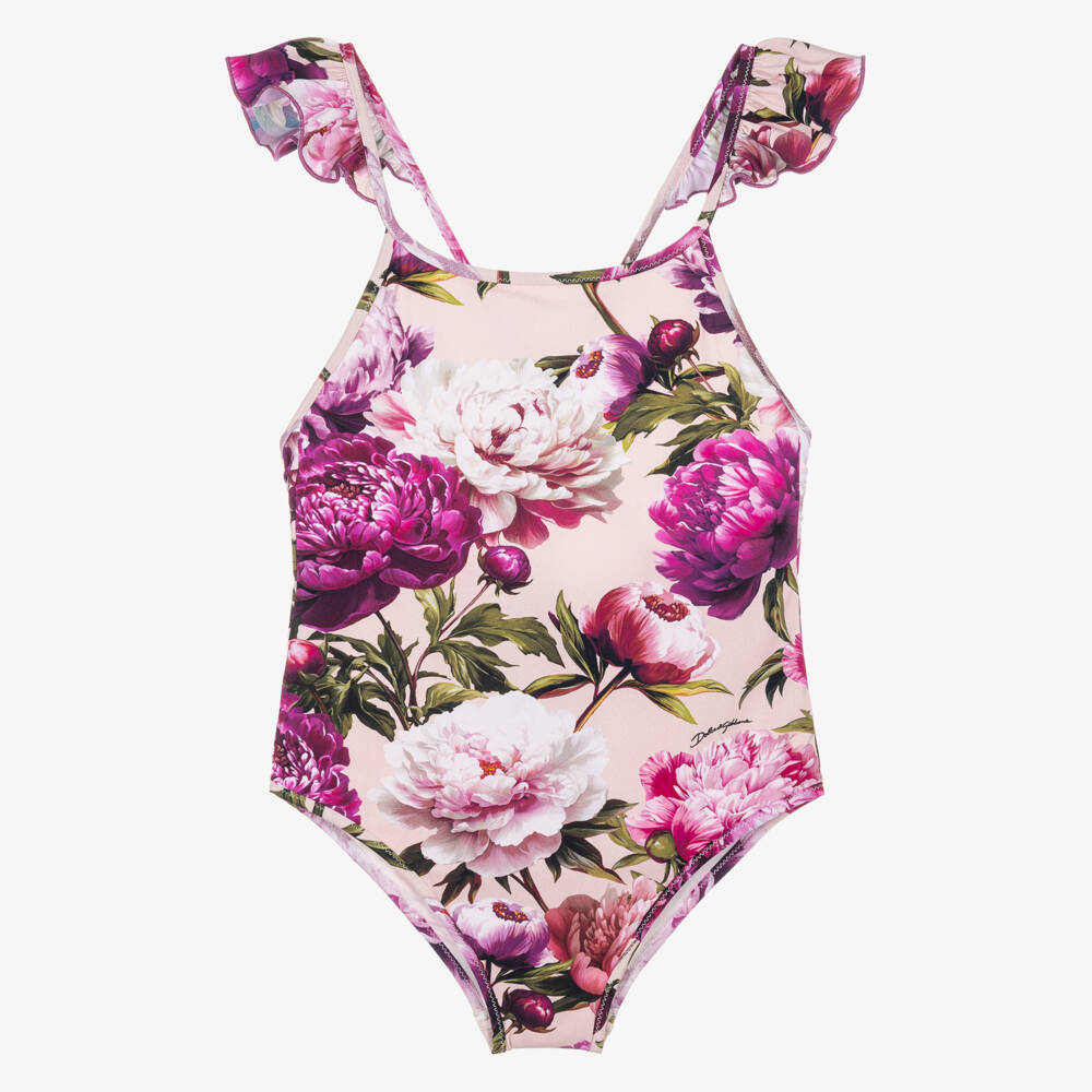 Dolce & Gabbana-Girls Pink Peony Print Swimsuit | Childrensalon