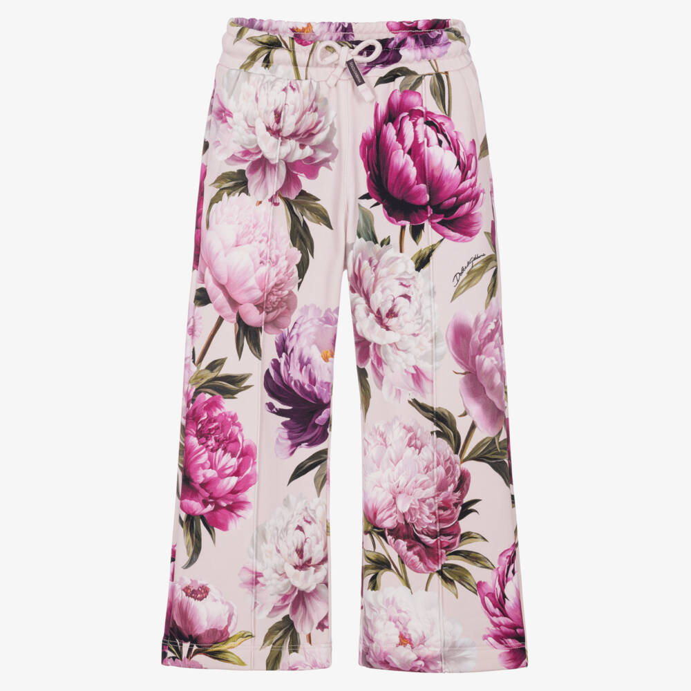 Dolce & Gabbana-Girls Pink Peony Print Wide Leg Joggers | Childrensalon