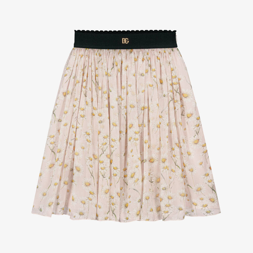 Dolce & Gabbana-Girls Pink Pure Silk Skirt with Dasiy Print | Childrensalon