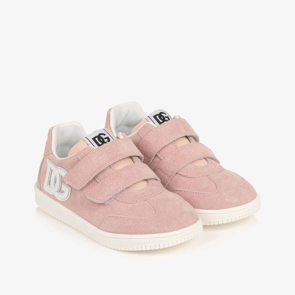 Dolce & Gabbana-Girls Pink Suede Leather DG Original Trainers | Childrensalon