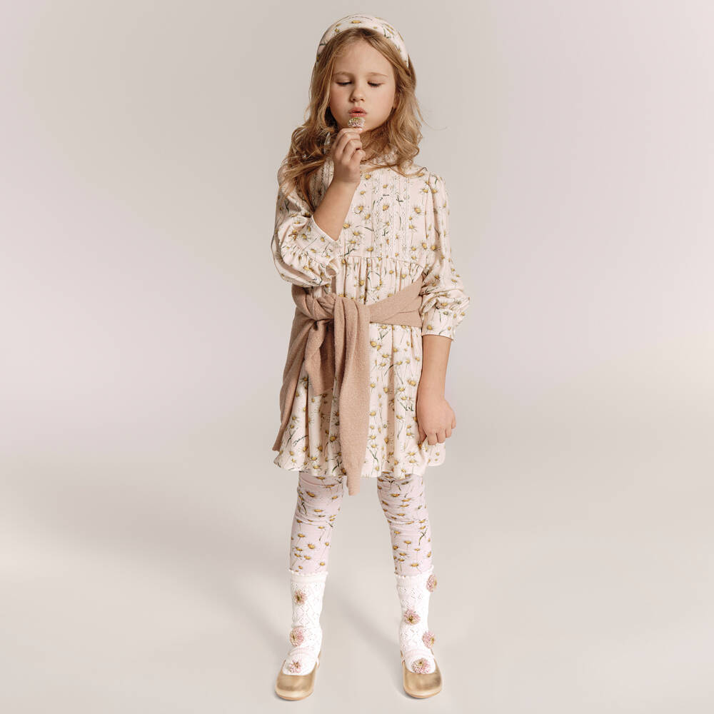 Dolce & Gabbana-Girls Pink Twill Daisy Print Dress with Lace Trim | Childrensalon