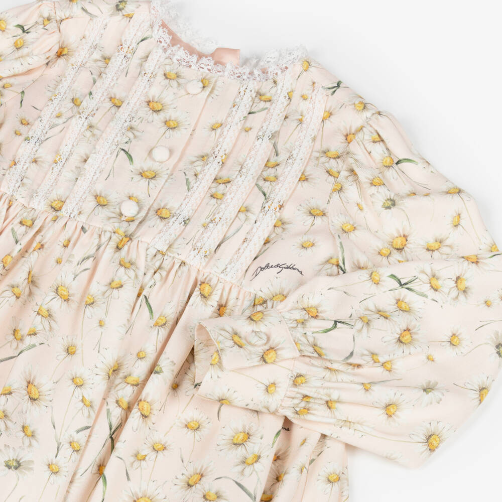 Dolce & Gabbana-Girls Pink Twill Daisy Print Dress with Lace Trim | Childrensalon