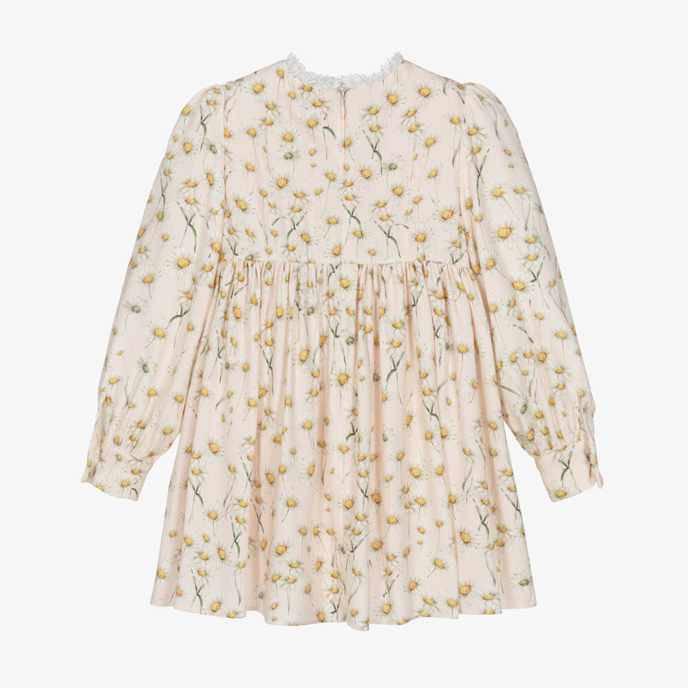Dolce & Gabbana-Girls Pink Twill Daisy Print Dress with Lace Trim | Childrensalon