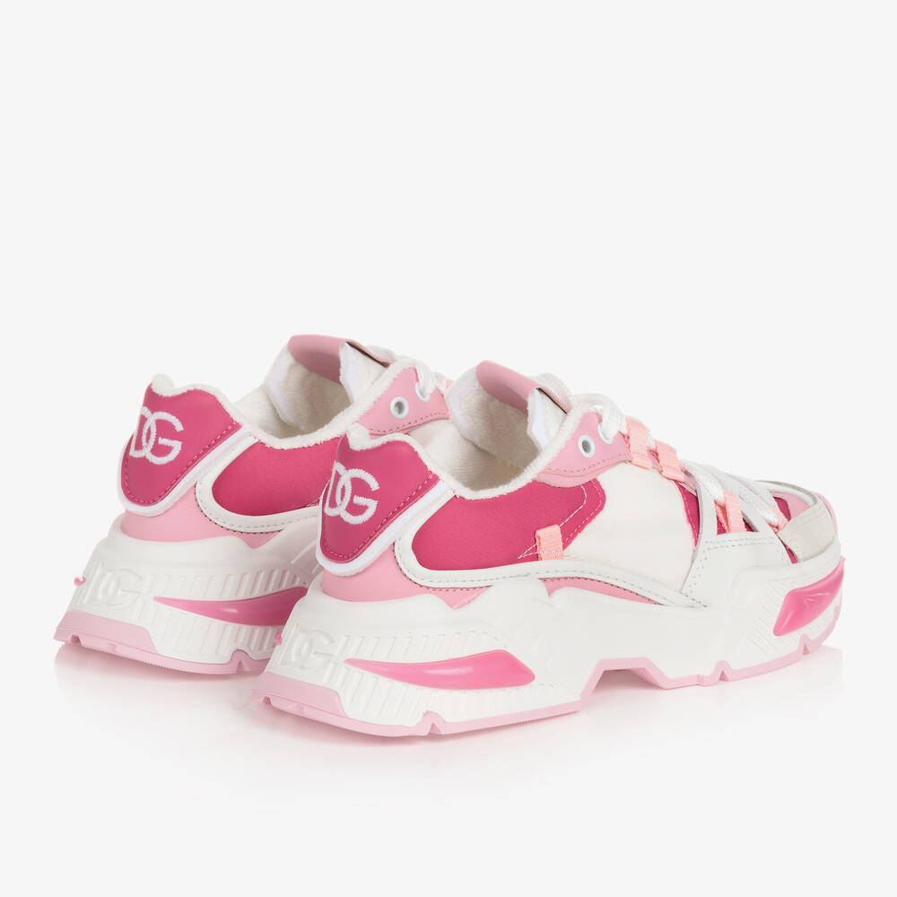 Dolce & Gabbana-حذاء رياضي جلد وكانفاس لون أبيض وزهري للبنات | Childrensalon